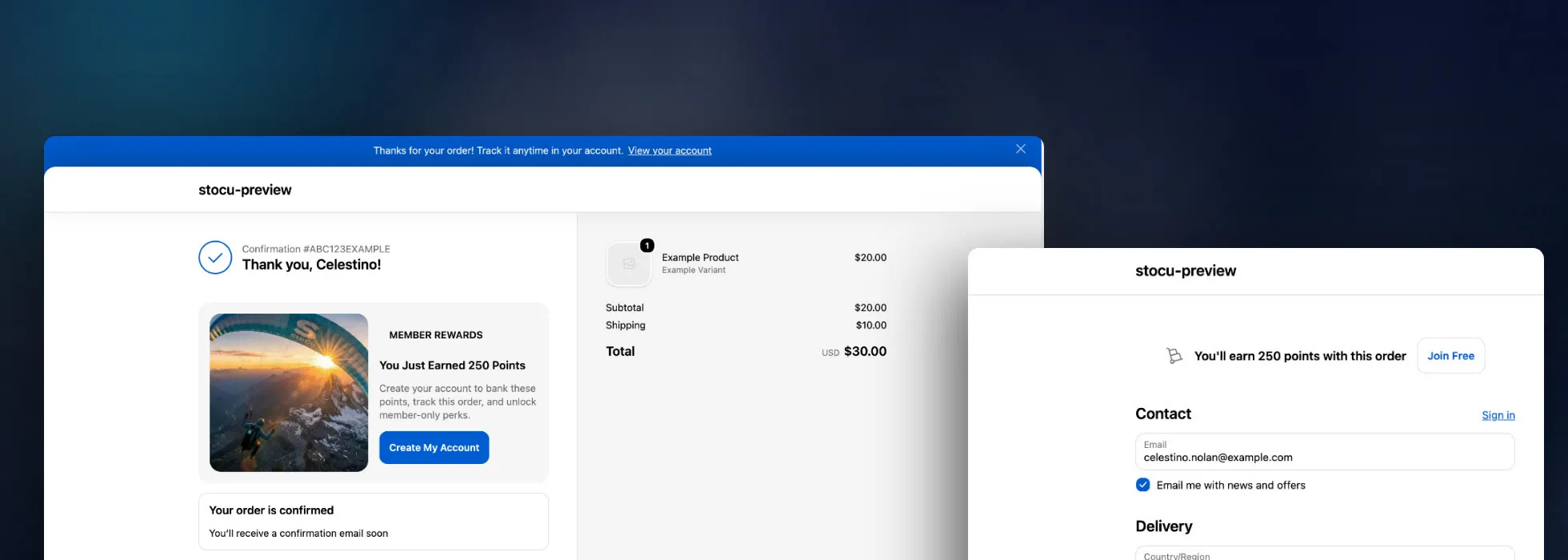 A Shopify thank you page with a StoCu member rewards tile and announcement bar, beside a checkout page with a loyalty points banner tile